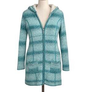 Soybu Longline Hooded Cardigan Zip Sweater Coat Blue Green Size M Sherpa Lined